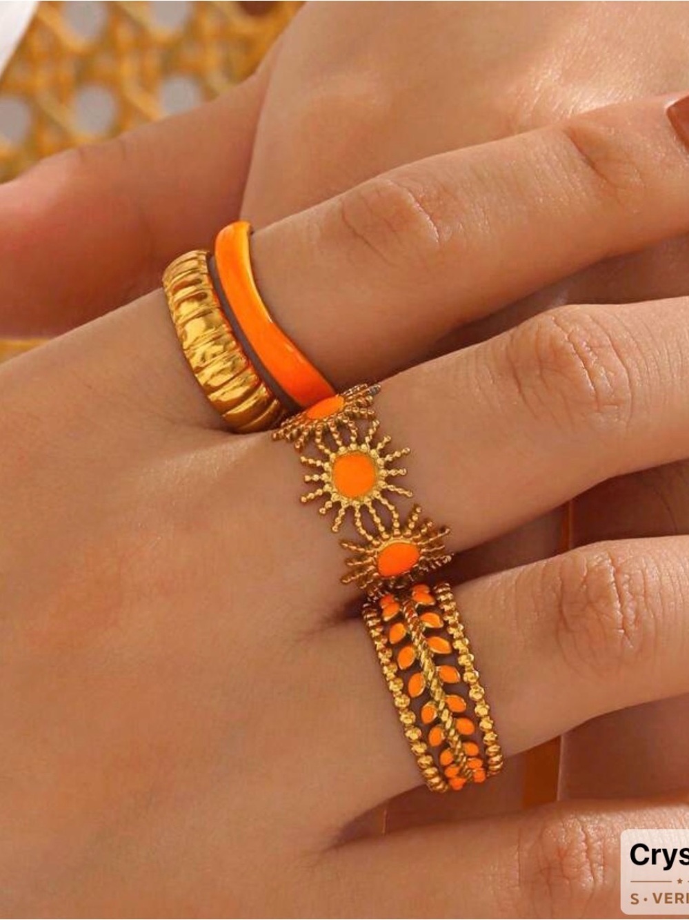 Gold & Orange Sunburst Stackable Ring Set
